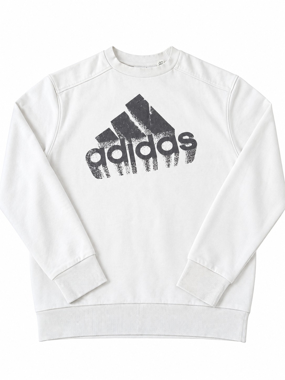 adidas White Crewneck Sweatshirt with Distressed Black Logo